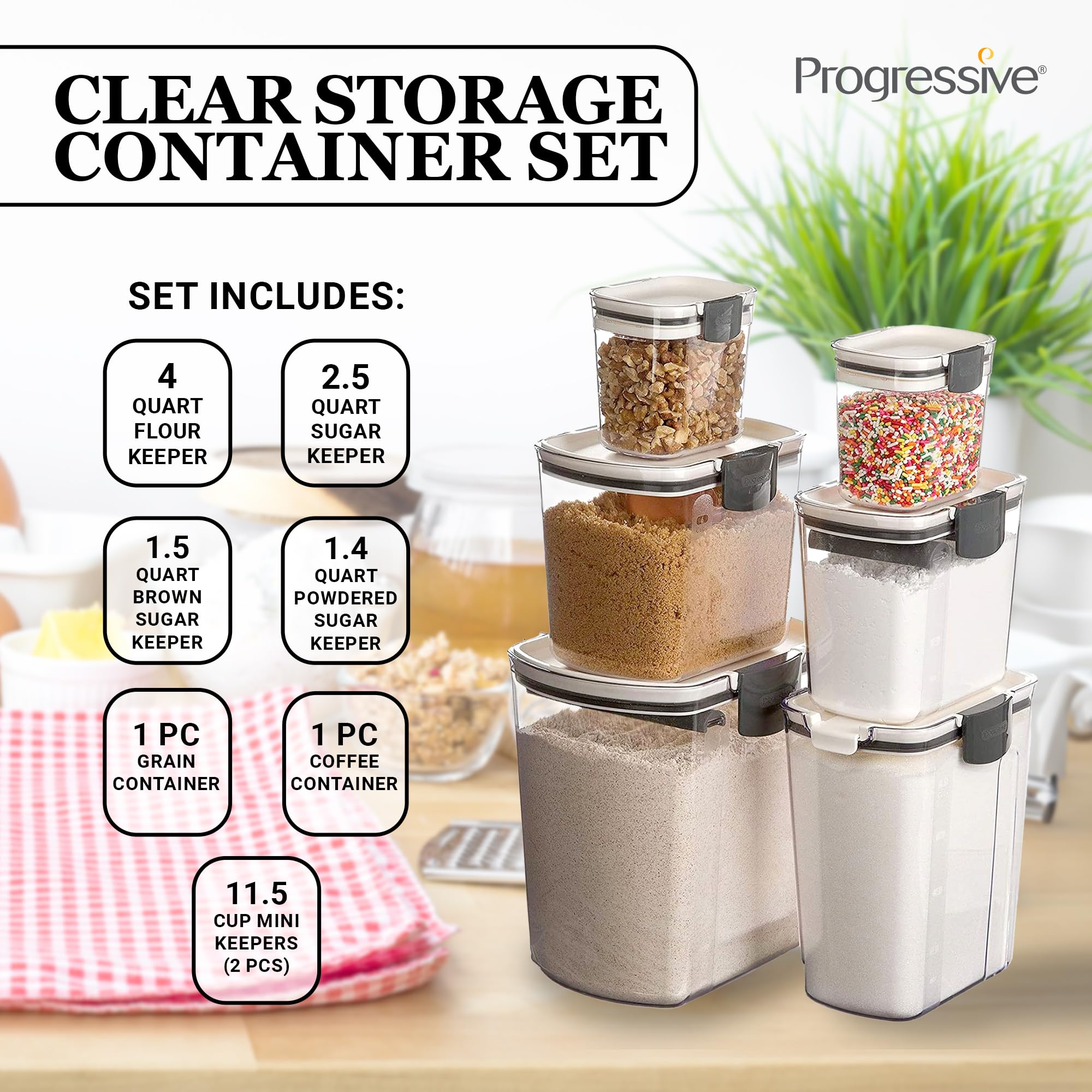 Progressive ProKeeper Baker's Airtight Kitchen Storage Canister Container Set for Flour, Sugar & More, Keeps Ingredients Fresh, with Accessories (Multicolor, 6- Piece)