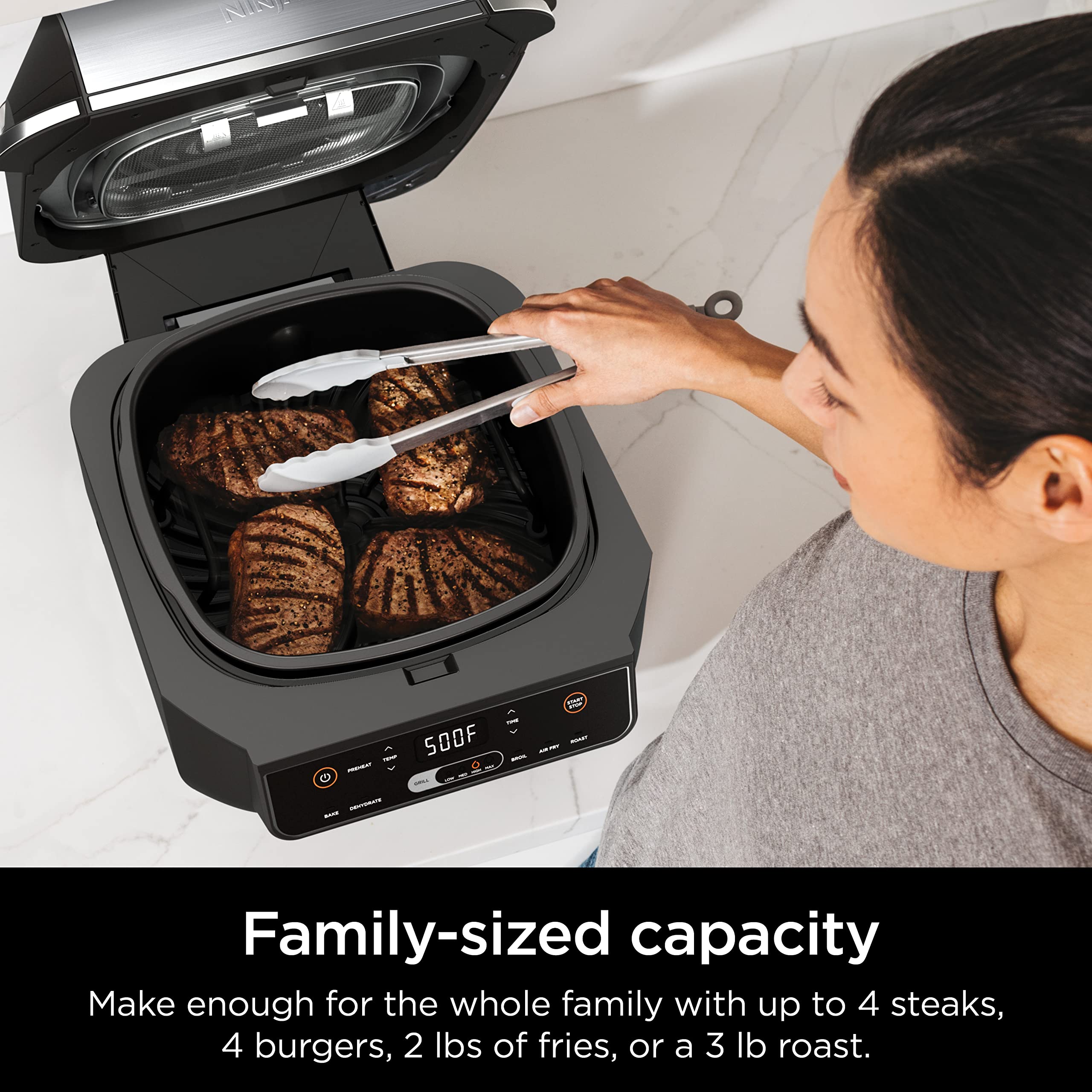 Ninja | Indoor Grill | Foodi | 5-in-1 (Grill, Air Fry, Roast, Bake, and Dehydrate | Fits up to 3lb Roast | Smoke Control System and Dishwasher Safe Parts| Black/Grey | AG301
