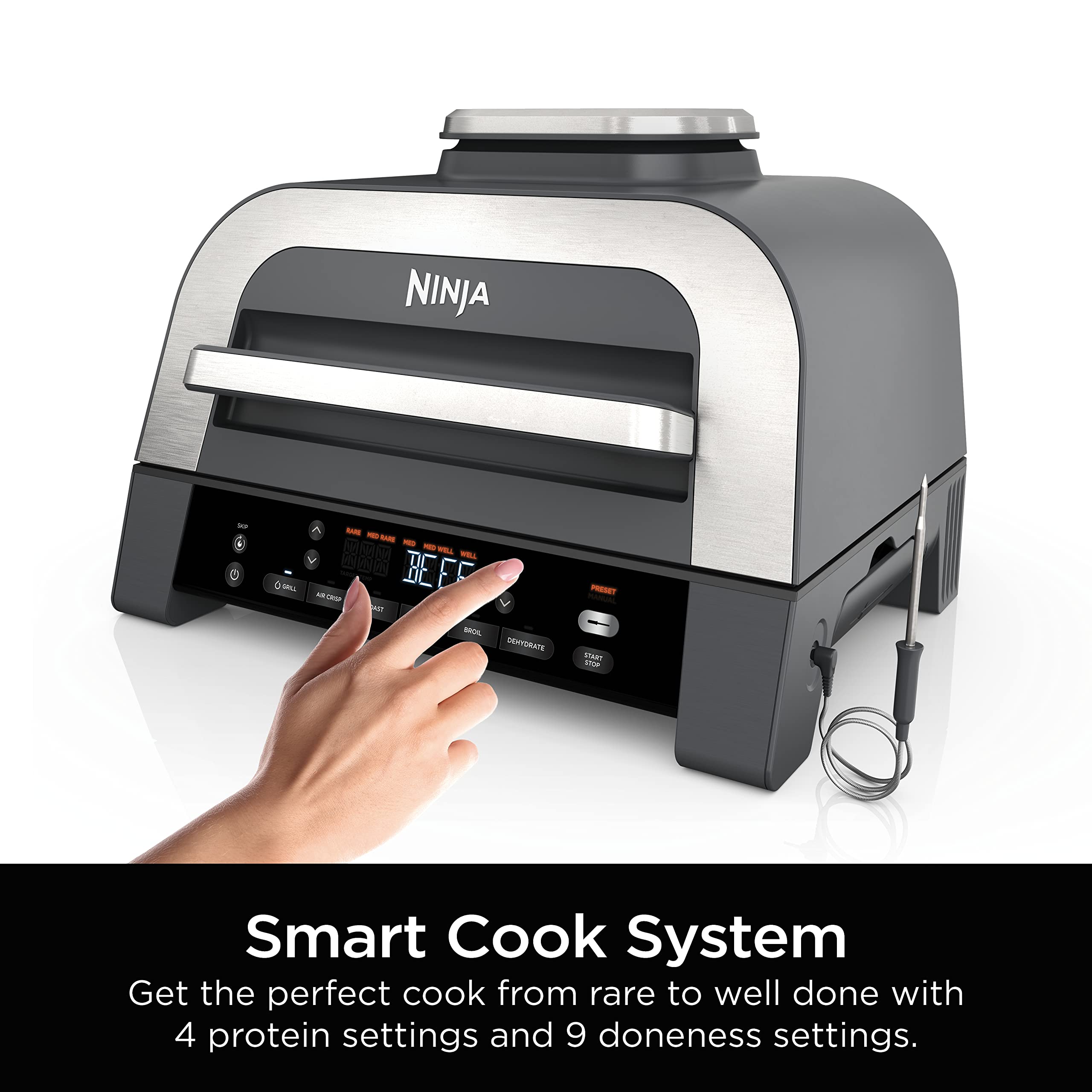 Ninja | Indoor Grill | Foodi | 5-in-1 (Grill, Air Fry, Roast, Bake, and Dehydrate | Fits up to 3lb Roast | Smoke Control System and Dishwasher Safe Parts| Black/Grey | AG301