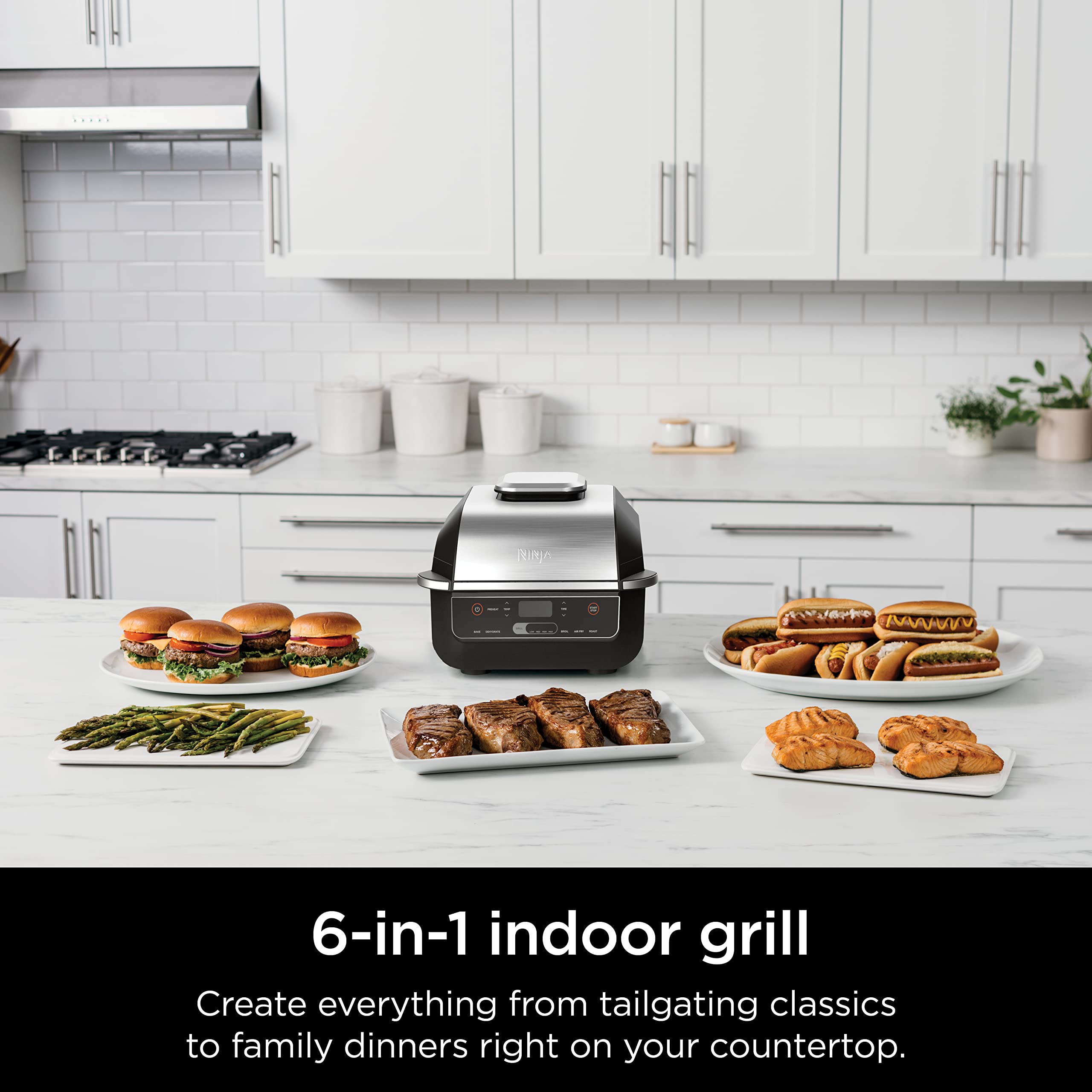 Ninja | Indoor Grill | Foodi | 5-in-1 (Grill, Air Fry, Roast, Bake, and Dehydrate | Fits up to 3lb Roast | Smoke Control System and Dishwasher Safe Parts| Black/Grey | AG301