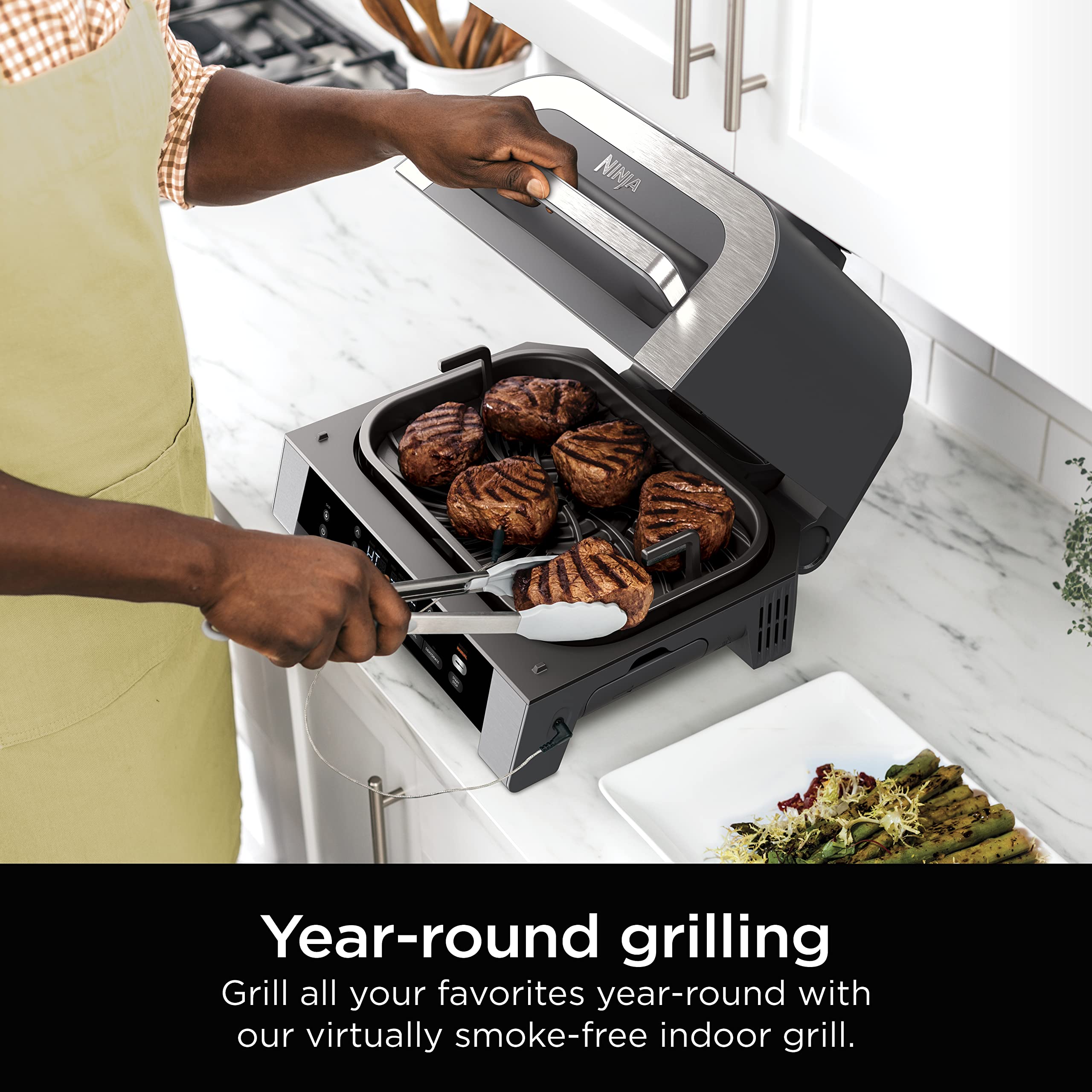 Ninja | Indoor Grill | Foodi | 5-in-1 (Grill, Air Fry, Roast, Bake, and Dehydrate | Fits up to 3lb Roast | Smoke Control System and Dishwasher Safe Parts| Black/Grey | AG301