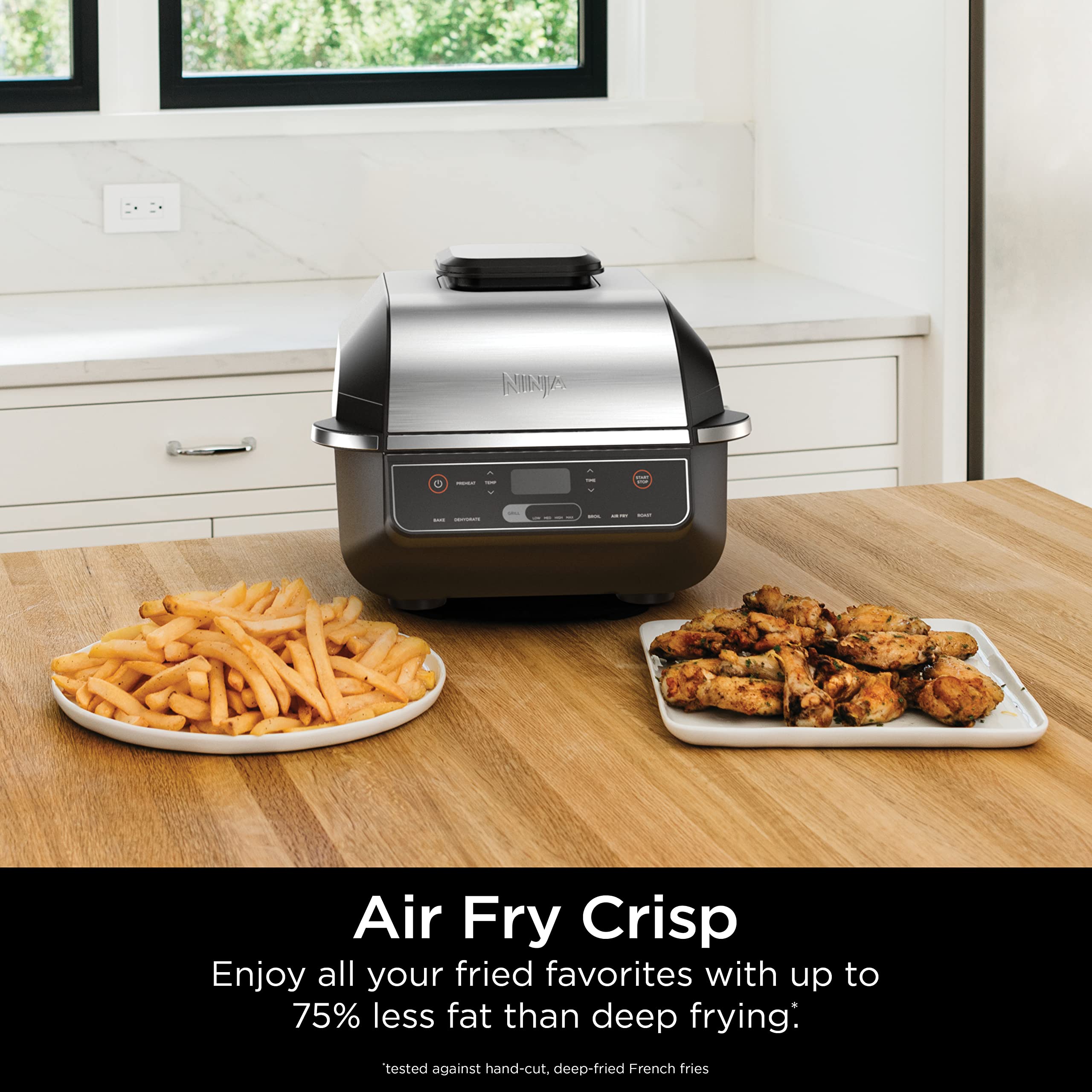Ninja | Indoor Grill | Foodi | 5-in-1 (Grill, Air Fry, Roast, Bake, and Dehydrate | Fits up to 3lb Roast | Smoke Control System and Dishwasher Safe Parts| Black/Grey | AG301