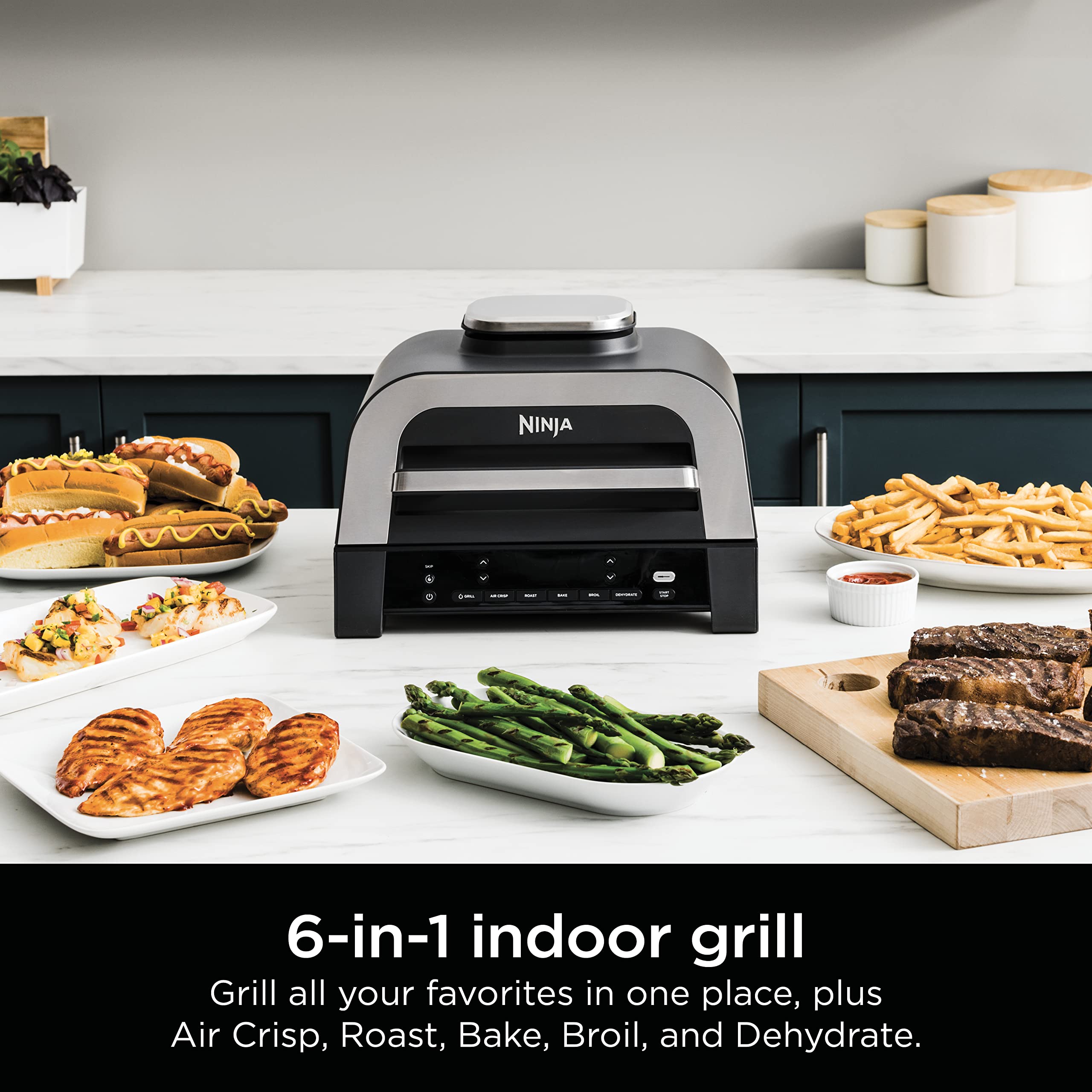 Ninja | Indoor Grill | Foodi | 5-in-1 (Grill, Air Fry, Roast, Bake, and Dehydrate | Fits up to 3lb Roast | Smoke Control System and Dishwasher Safe Parts| Black/Grey | AG301