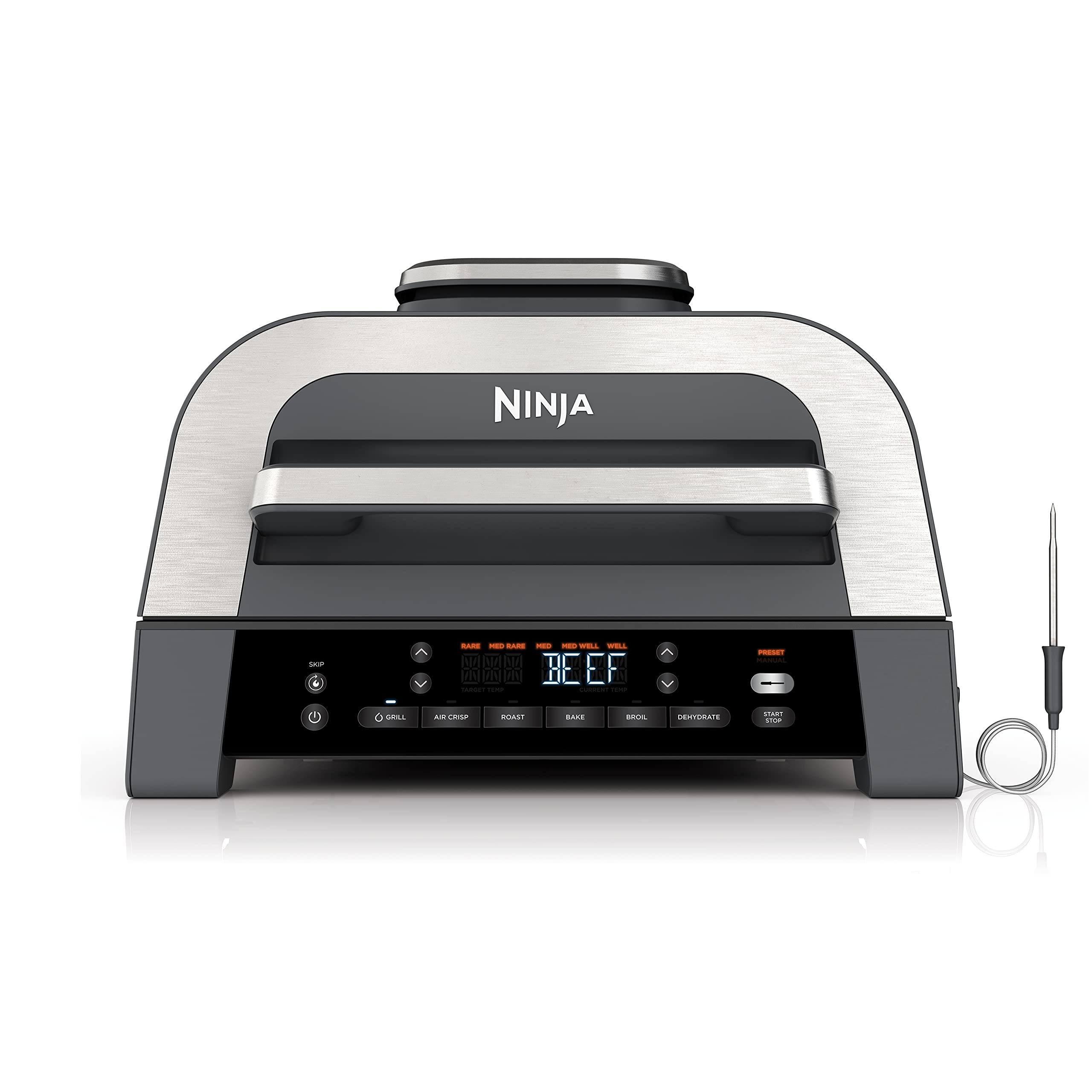 Ninja | Indoor Grill | Foodi | 5-in-1 (Grill, Air Fry, Roast, Bake, and Dehydrate | Fits up to 3lb Roast | Smoke Control System and Dishwasher Safe Parts| Black/Grey | AG301