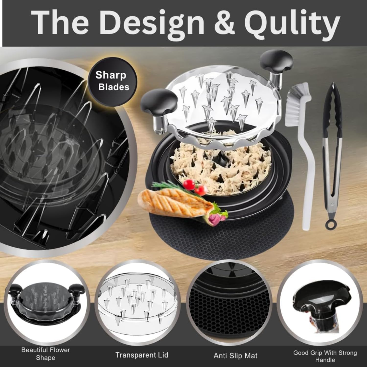 Chicken Shredder Tool Twist 4-in-1Meat Shredder Set with Tong Cleaning Brush & Tray-Fast Shredded Meat & BBQ Prep,Anti Slip & Sharp Blades, BPA Free,Dishwasher Safe Desmenuzador De Pollo