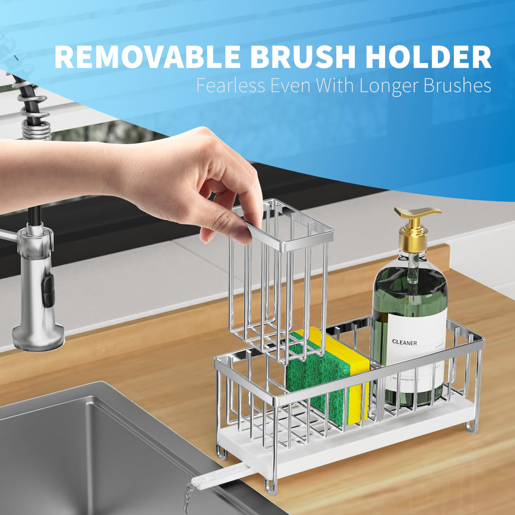 Cisily Black Sponge Holder for Kitchen Sink, Sink Caddy Organizer with High Brush Holder, Kitchen Countertop Organizers and Storage Essentials, Rustproof 304 Stainless Steel, Soap Dispenser Organize