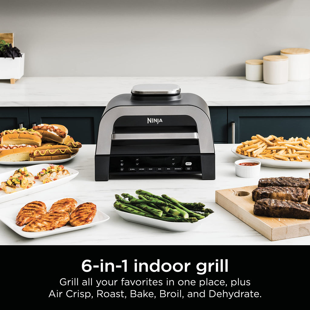 Ninja | Indoor Grill | Foodi | 5-in-1 (Grill, Air Fry, Roast, Bake, and Dehydrate | Fits up to 3lb Roast | Smoke Control System and Dishwasher Safe Parts| Black/Grey | AG301